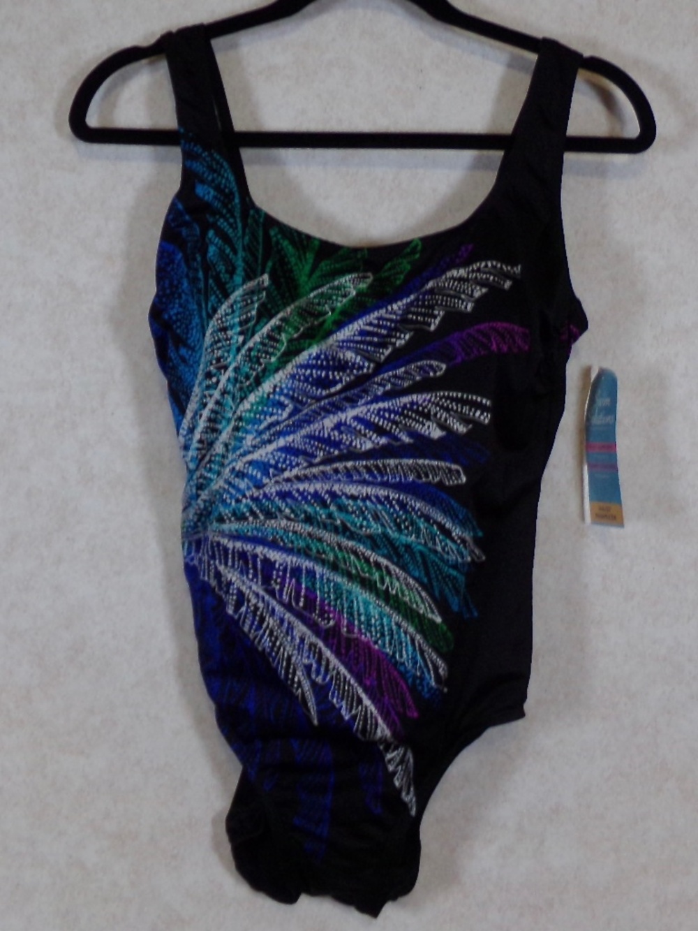 NWT Swim Solutions Blu/Blk Multi One Pc Swim, Bust,Tummy & Waist Enhancement Sz8